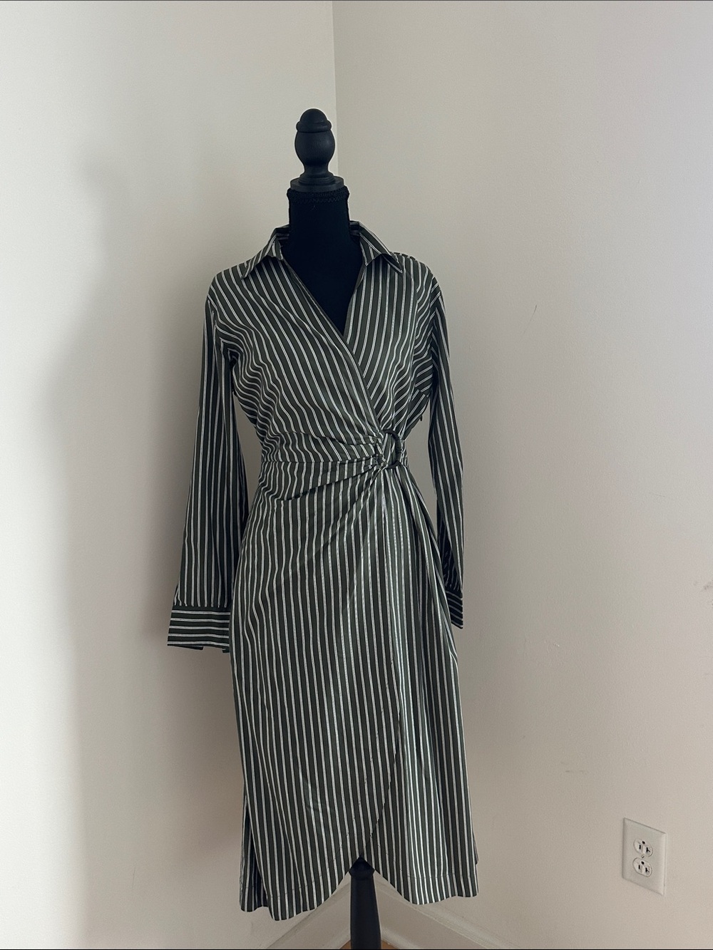Ann Taylor Dark Green and White Striped Wrap Midi Dress